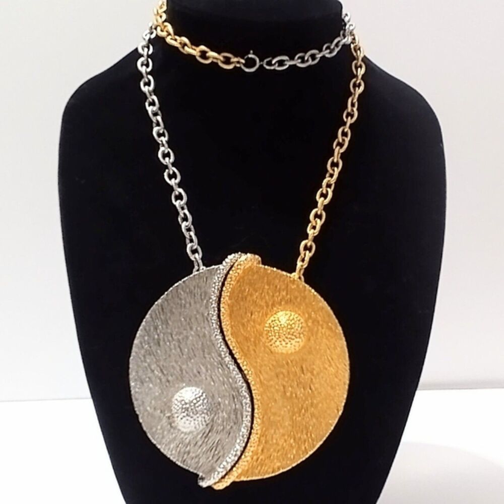 Massive Ying Yang Gold and Silver Tone Pendant Necklace